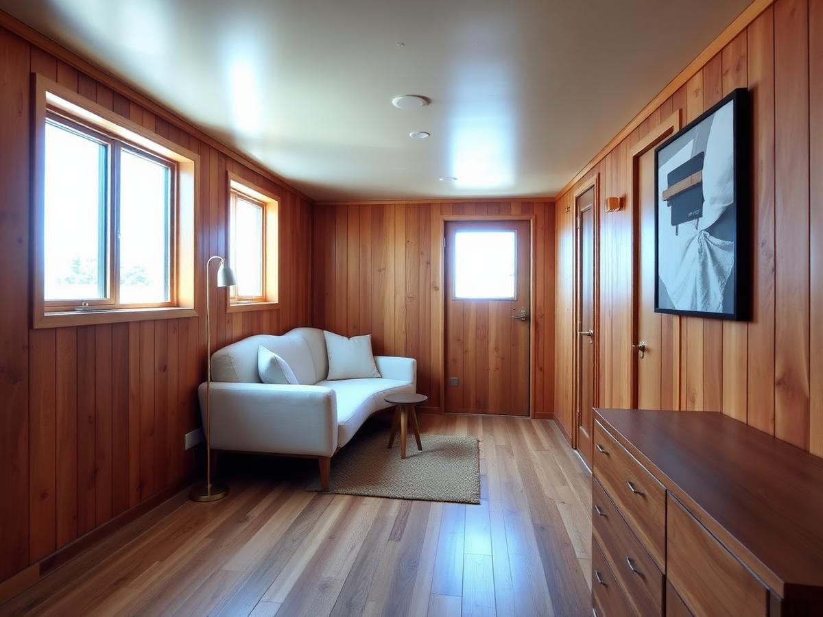 Vaulted pine ceiling above a white and blue tiny home kitchen